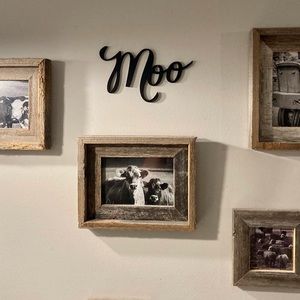 Farmhouse Rustic Barnwood Country Cow Vignette Four Photos, Frames, “Moo” 🐄
